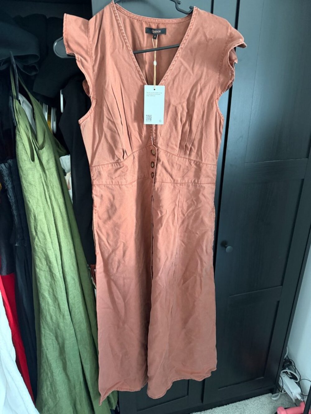 Quince Vintage Wash Tencel Button Front Midi Dress Terracotta Size S NWT